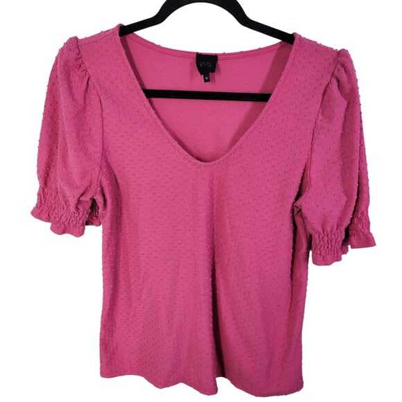 W5 Tops - W5 Womens Sz M Pink Solid Short Sleeve Textured Puff Sleeves Blouse